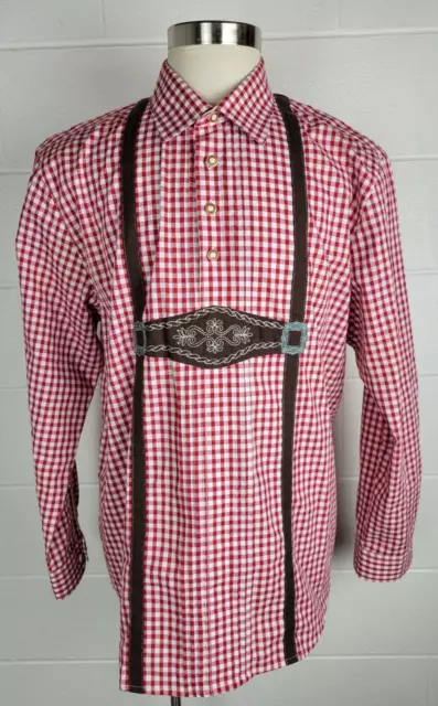 Trachten Mens Red Gingham Plaid Oktoberfest Bierfest German Shirt Lederhosen XXL