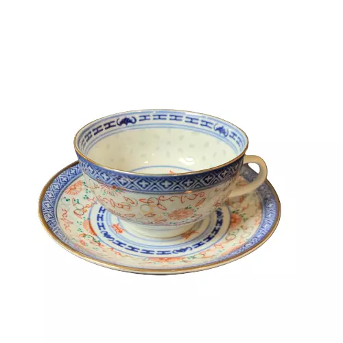 Chinese Rice Grain Porcelain Tea Cup & Saucer, Jingdezhen Porcelain