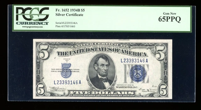 DBR 1934-B $5 Silver Fr. 1652 Vinson Gem LA Block PCGS 65 PPQ Serial L23393146A