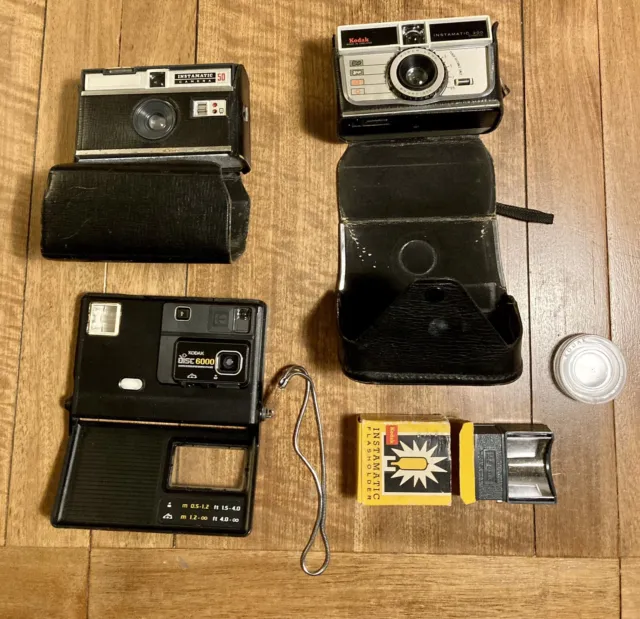 Lote de trabajo de cámara Kodak Instamatic 50 200 disco 6000 + estuches portafrascos filtro hayes