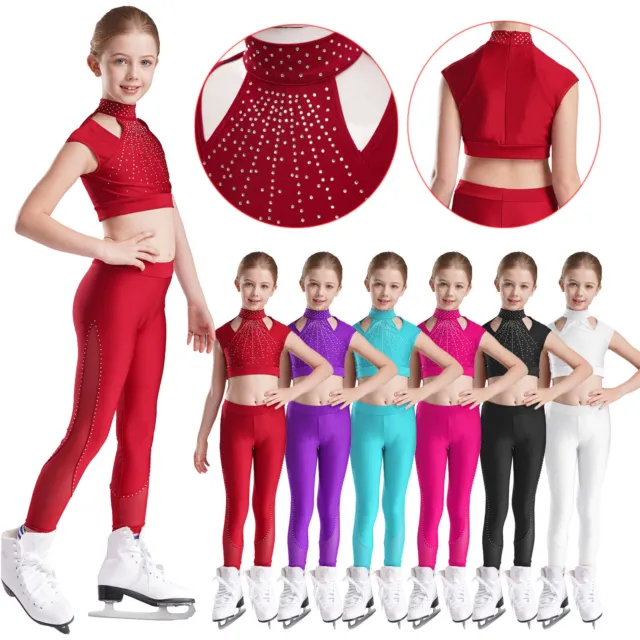 Kids Girls Crop Top And Leggings Dance Outfits Rhinestones Tracksuits Ballet