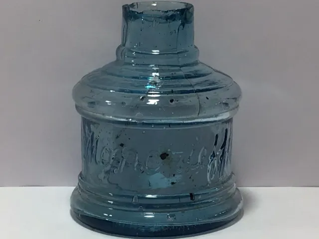 Scarce PALE BLUE Embossed MONCRIEFF Old AMBER SPOTS Victorian Ink Bottle J3