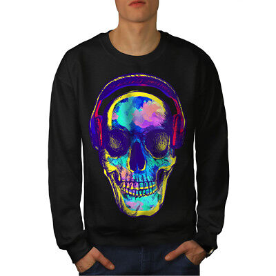 Wellcoda Skull Music Mens Sweatshirt, Headphone Casual Pullover Jumper