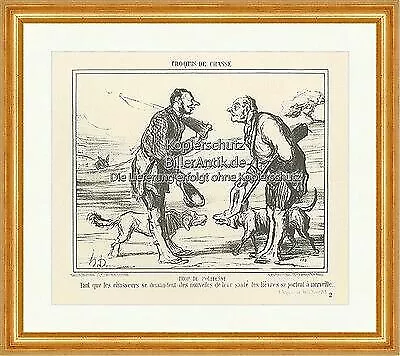 Übertriebene Höflichkeit Jagd Hase Tiere Hut Baum Gespräch Daumier Original 02