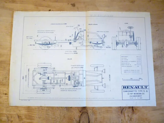 ORIGINAL - Plan d'usine Renault 1919 - Camionnette Type G.Q 12 H.P Blueprint