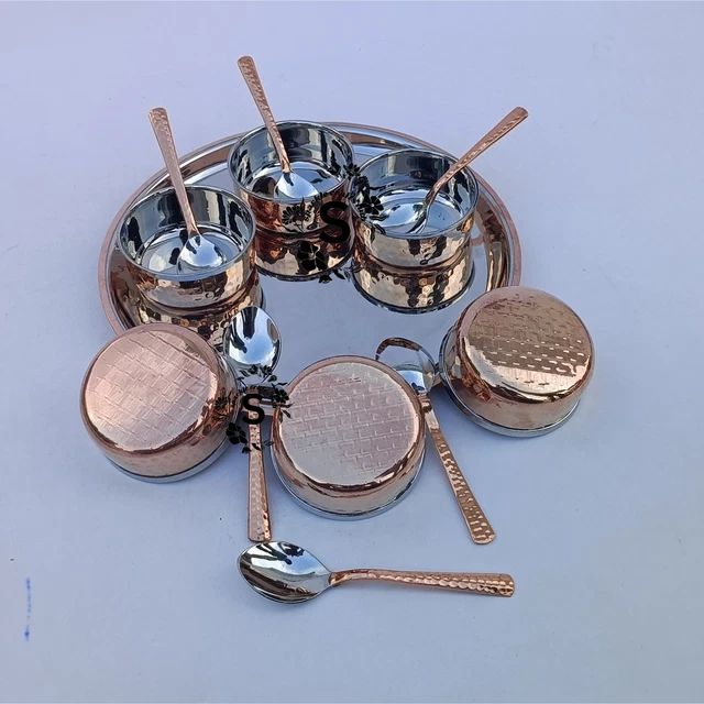 Vintage Kupfer & Stahl Portion Thali Mit 6 Kupfer Essen Servierschale & Löffel