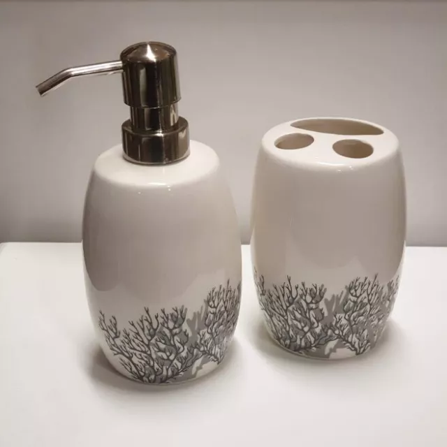 Grey White Coral Print Bathroom Set Soap Dispenser And Toothbrush Holder