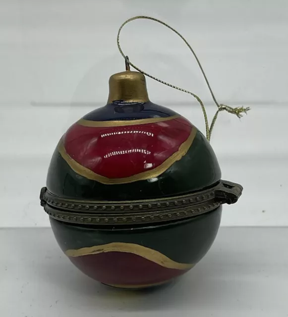 Vintage Swirl Enamel Trinket Box  Christmas Ornament With Holly Hinged Ball 2.5"