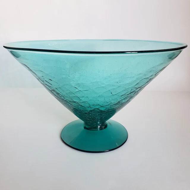 Blenko Large Crackle Glass Bowl 8829L Antique Green Teal 12.5" Cone Shape Footed