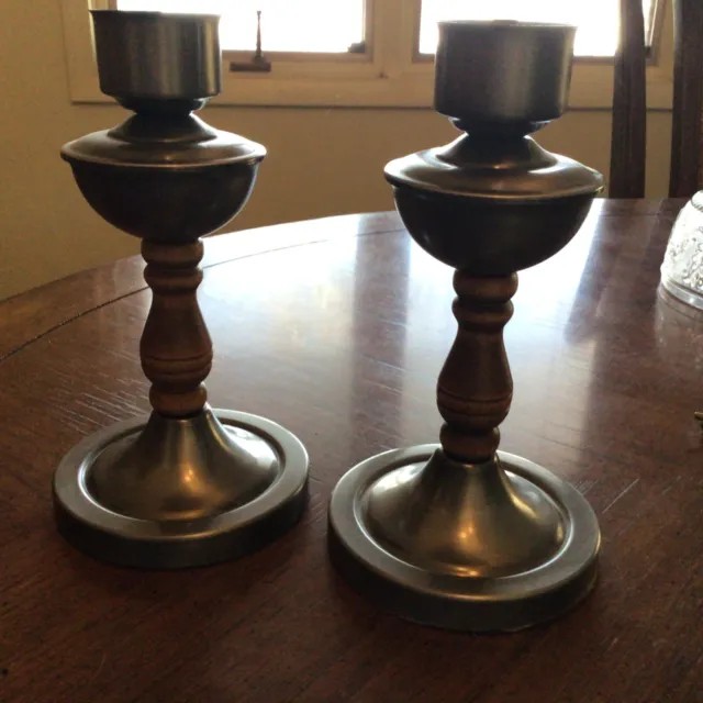 Vintage 2-Brass  and wood chunky candlestick holders Midcentury Boho