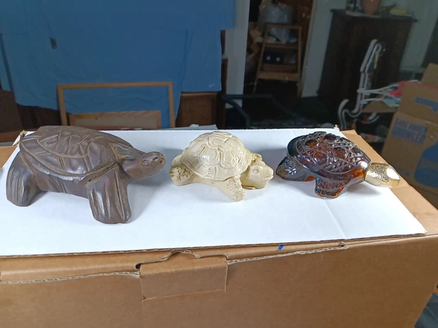 3 VINTAGE SEA TURTLES!!  Wood,Stone & Glass!! (2) Hand carved!!