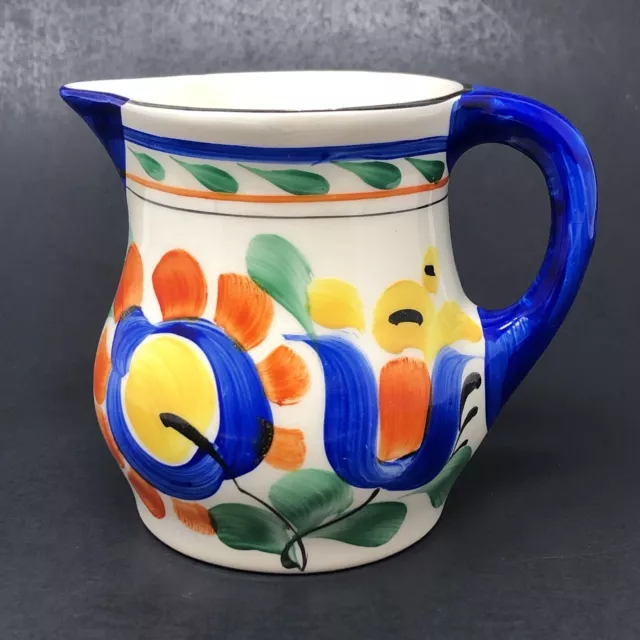 Vintage Czechoslovakian Pottery Creamer Colorful Hand Painted Orange Blue Floral