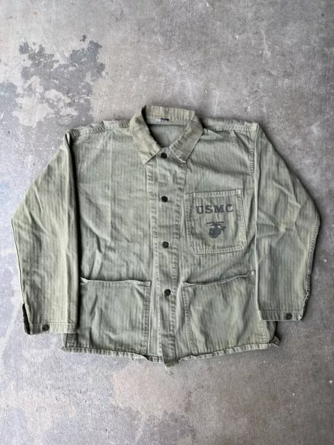 USMC WW2 MARINES HBT Herringbone Shirt Jacket Sz L? Vtg WWII P41 - Movie USMC WW2 MARINES HBT Herringbone Shirt Jacket Sz L? Vtg WWII P41 - Movie