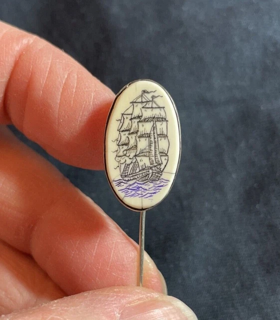 Handmade FINE Scrimshaw Silver Stickpin Sailing Ship Nautical Signed "T" 