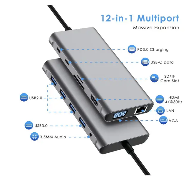 12 in 1 USB Type C Hub Multi ports Ethernet Card Reader HDTV VGA Audio Adapter