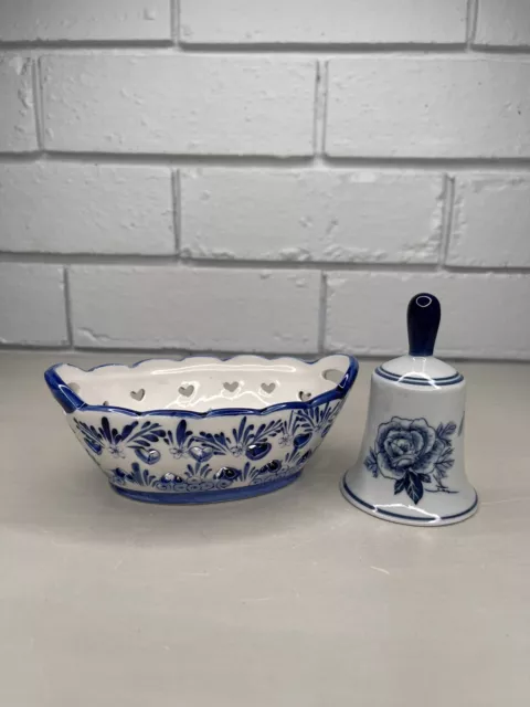Vintage Delft Blue Holland Hand Painted Small Candy Trinket Dish & Bell Bundle
