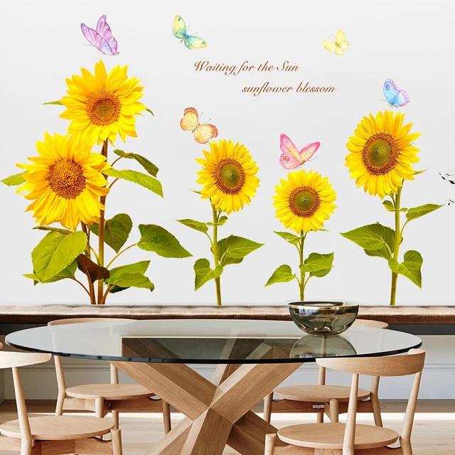 Schöne Sonnenblume fliegender Schmetterling Wandaufkleber Vinyl Kunst Wohnkultu