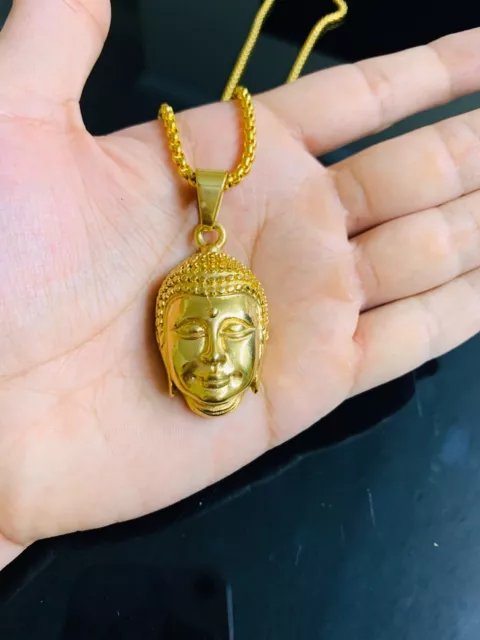 Stainless Steel Hip Hop Gold Finish Buddha Pendant Charm w/ Rope Chain