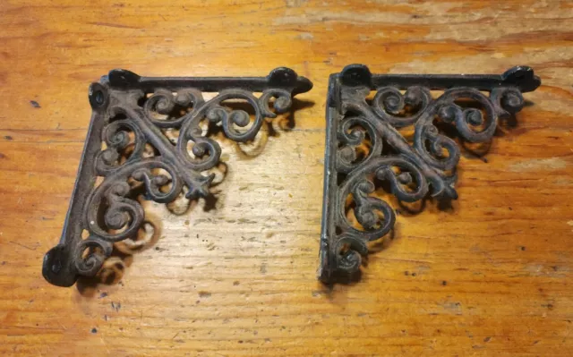 Pair Victorian Cast Iron Shelf Brackets 4" Ornate Decorative Antique - CI