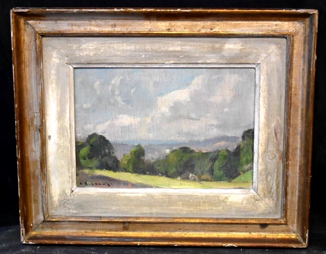 Tableau ancien huile paysage animé de vaches signé début XXème