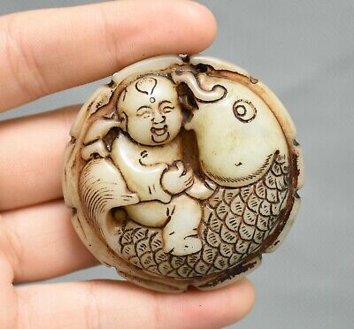 2.2" Ancient China Old Jade Dynasty Carved Tongzi Boy Fish Lucky Amulet Pendant