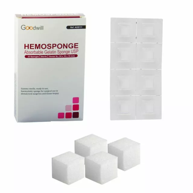 5 x Dental HEMOSPONGE Absorbable Gelatin USP Sterile 32 Sponge Pack  10x10x10mm