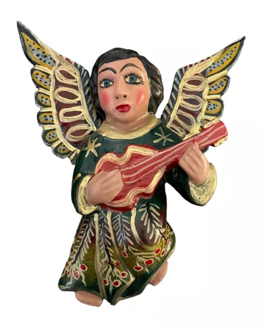 WOOD ANGEL, Full Body Winged Angel with Guitar, Mexican Folk Art