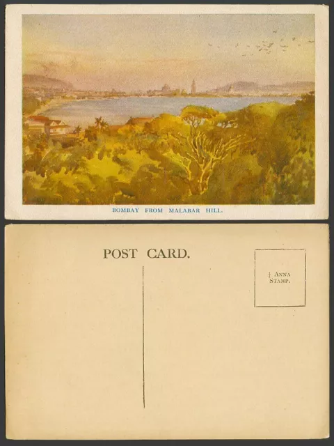 India Art Artist Drawn Old Color Postcard View from Malabar Hill Bombay Panorama