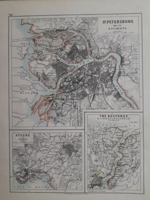 1913 Map - St Petersburg City Environs Athens Piraeus Bosporus Constantinople