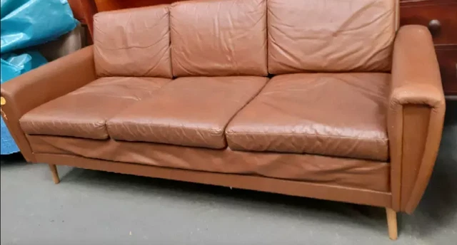 Vintage retro Mid Century 60s Danish brown leather sofa couch 3 seater