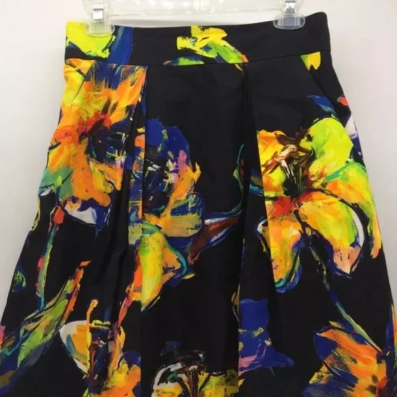 Milly 'Luna' Tropical Floral Print on Black Background Pleated Midi Full Skirt 3
