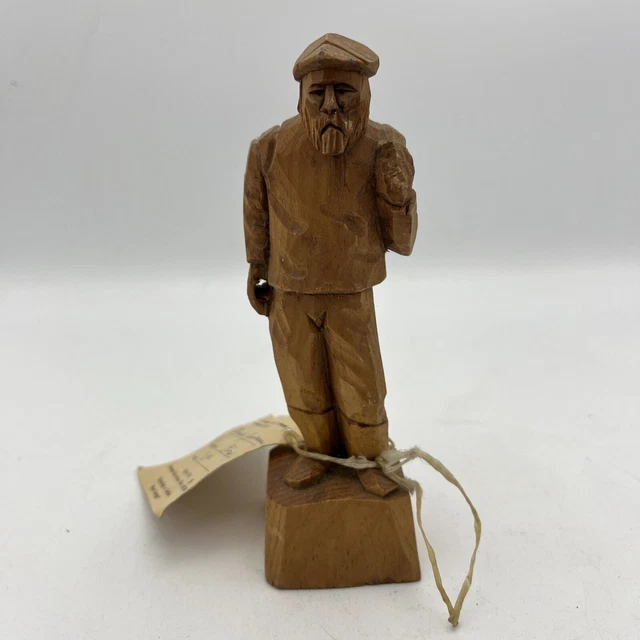 VINTAGE WOOD CARVED Statue Old Man W/ Bag Canadian Carver Amedee