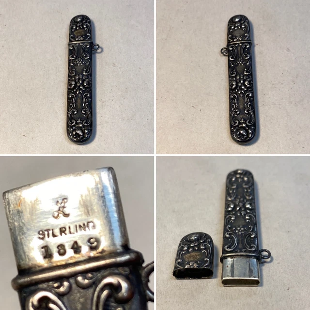 Antique Repousse Sterling Silver Chatelaine Sewing Needle Pin Case / Holder Fob
