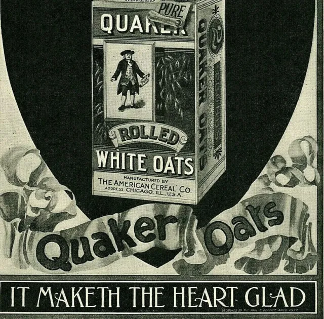 1897 QUAKER OATS Cereal Puritan Man Tin Can "Makes The Heart Glad" Print AD 4992
