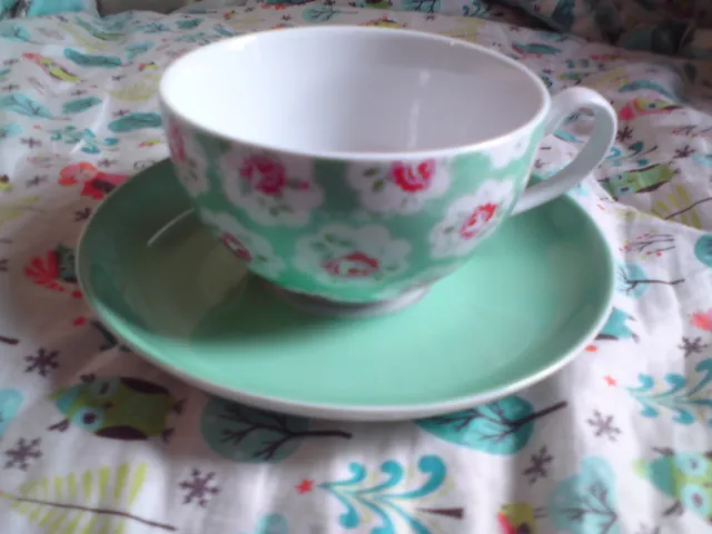 Cath Kidston Green  Floral Cup Teacup and Saucer Set VGC.