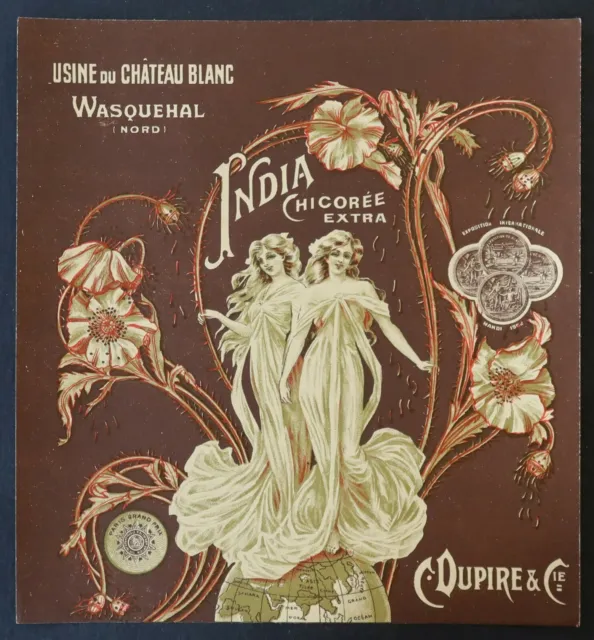 Etiquette chicorée INDIA Wasquehal Art Nouveau Jugendstil 20x21cm french label