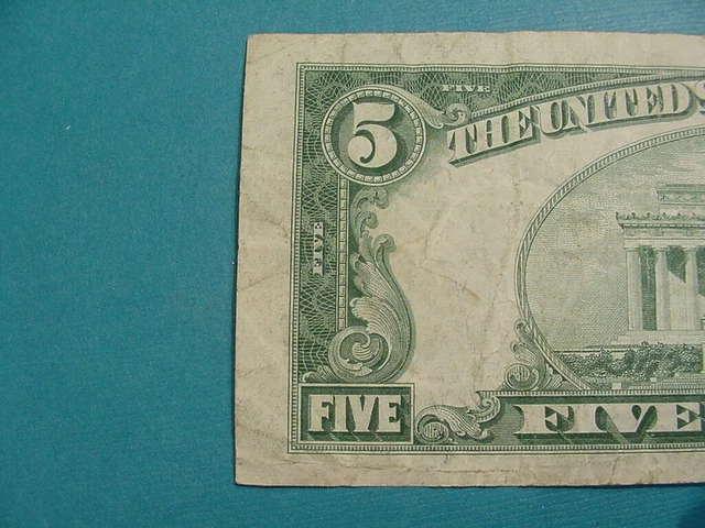 1934 D Series $5 Silver Certificate VG Blue Seal No Pin Holes 7