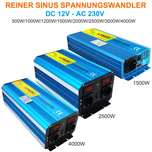 1000W 2000W 3000W 4000W Reiner Sinus Wechselrichter 12V 230V Spannungswandler DE