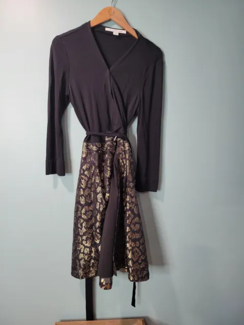 Diane Von Furstenberg Amelia Jacquard Black Gold NYE Wrap Dress Size 10
