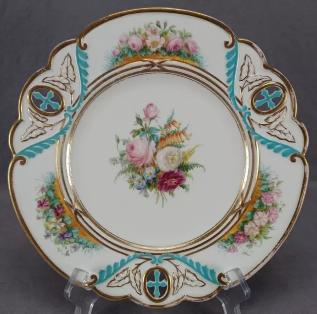 Mid 19th Century Minton Hand Painted Floral Turquoise Gold Pierced Plate A