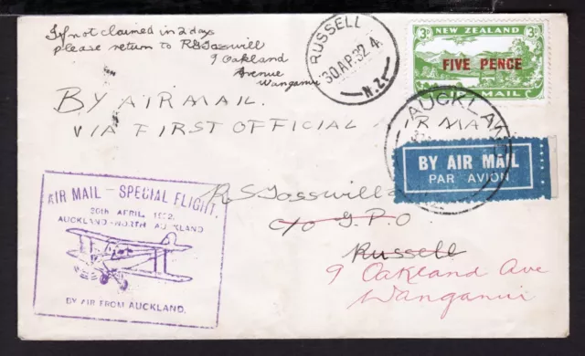 NEW ZEALAND 1932 RUSSEL to WANGANUI FIRST FLIGHT COVER 5d on 3d Surch AIRMAIL