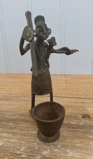 Vintage Brass Tribal AFRICAN WOMAN With Child Statue Jar bronze