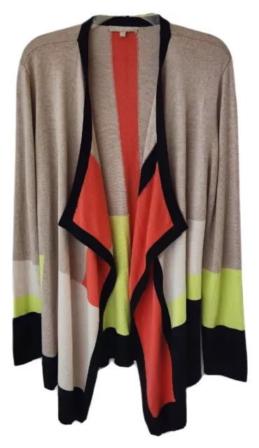 Joan Vass Neiman Marcus Open Draped Cardigan Size L Orange Yellow Black Tan