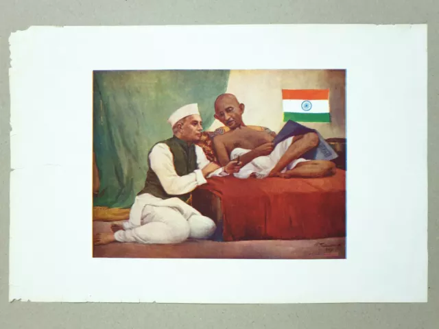 Vintage 40's Stampa Gandhi Nehru Indiano Bandiera 15in x 1