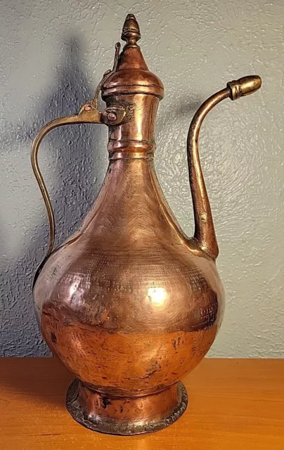 Antique Hammered Copper Ewer Finial Lid Mideast Ottoman Persian Washing Pitcher