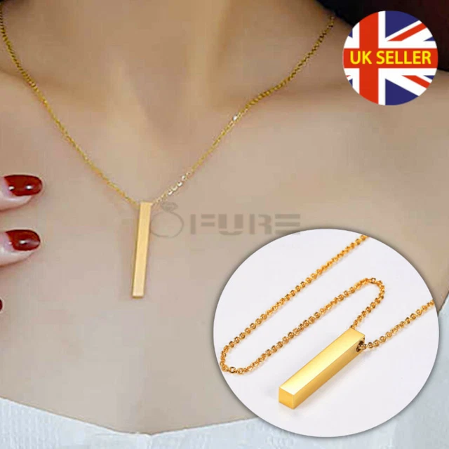 Gold Plated Titanium Steel Plain 3d Vertical Bar Pendant Chain Necklace 