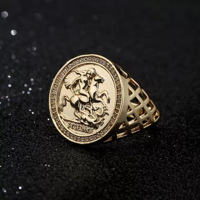 Gold 18K GF St George Sovereign Ring CZ Large Signet Adjustable Gift Men Filled