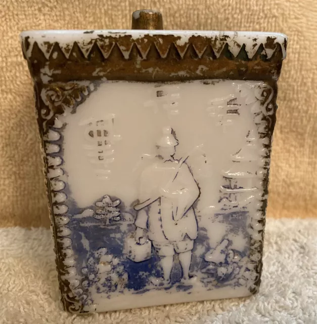 Vintage Gold Blue Trim Milk Glass Tea Spice Tobacco Jar Caddy 3 1/2 by 3 Inches Vintage Gold Blue Trim Milk Glass Tea Spice Tobacco Jar Caddy 3 1/2 by 3 Inches