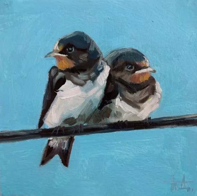 Original oil painting Pair of Swallow Birds 5x5 inches Hand painted