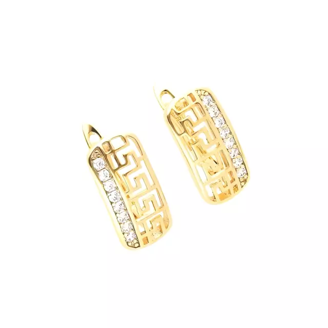 Boucles d'Oreilles Femme Dormeuses Motif Grec Cristal Blanc Or Jaune 750 Laminé*